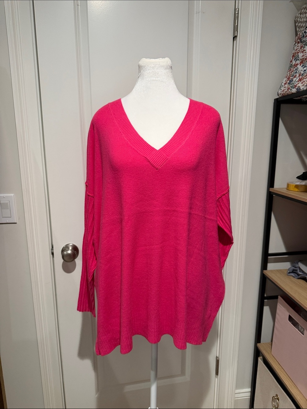 Zenana Oversized V-Neck Sweater in Bright Pink NWOT